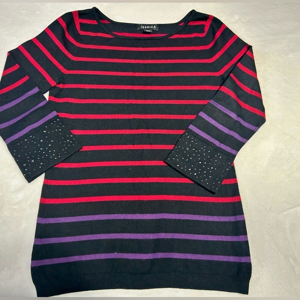 Jessica Women's Black Sweater with Red and Purple Stripes